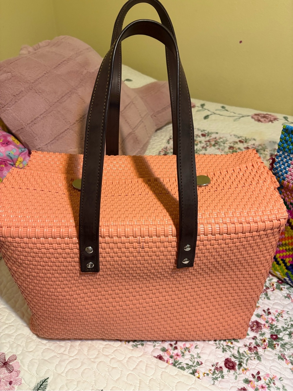 Woven Coral Tote Bag with Dark Brown Handles